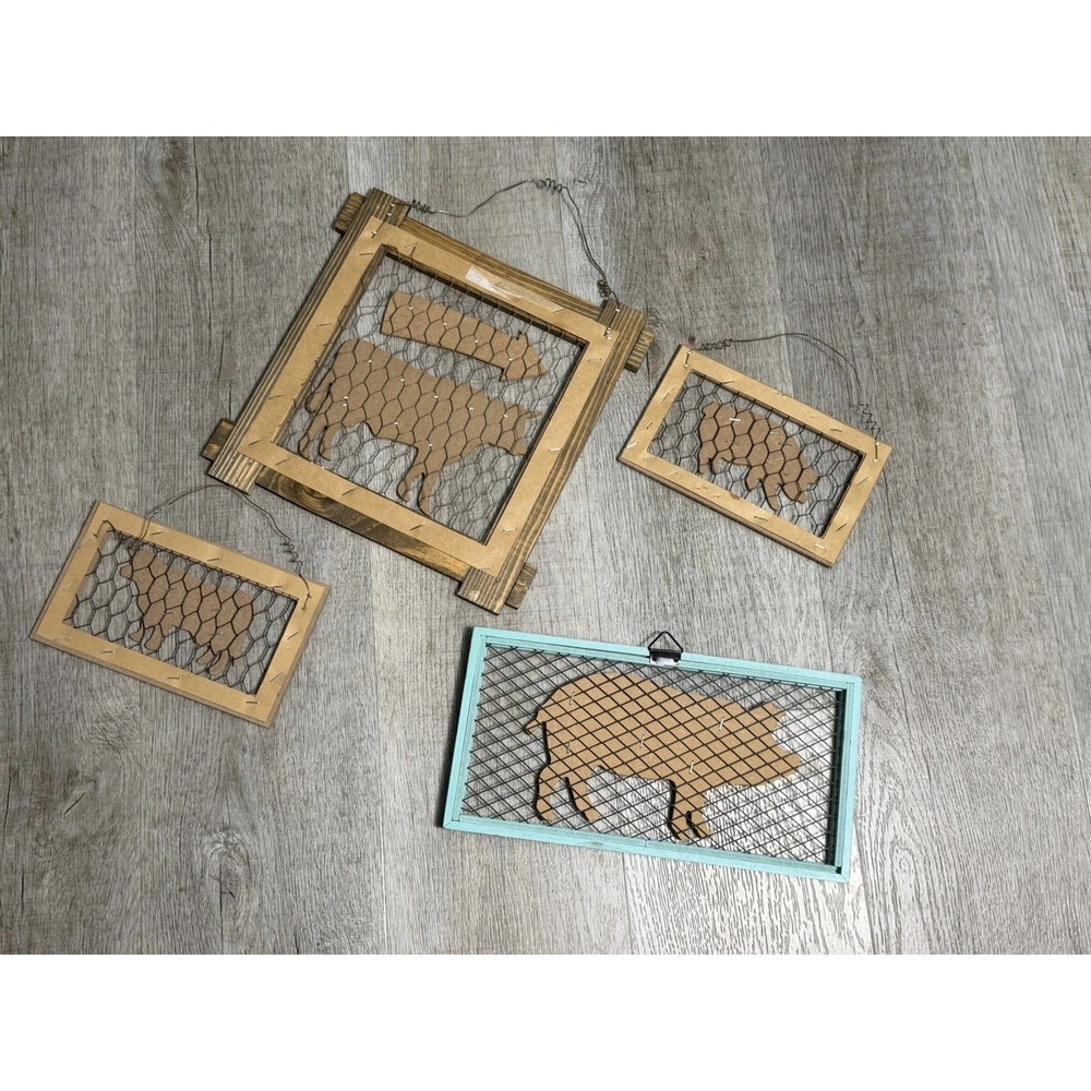 Farmhouse Hanging Wood Signs Wire Pig & Cow Rustic Distressed Decor Set Of 4 - Picture 7 of 7